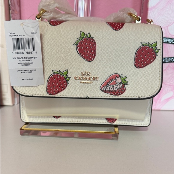 Coach White Strawberry Print Mini Bag